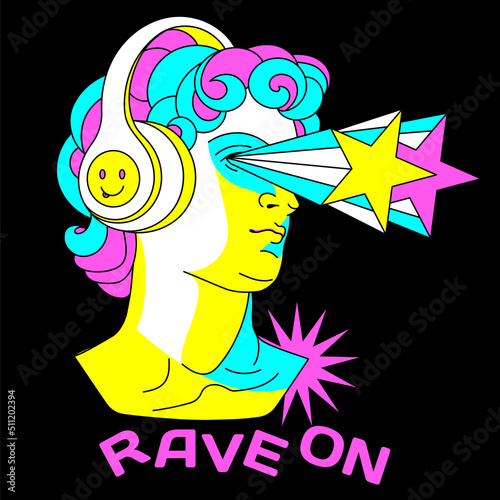 Rave sticker in psychedelic acid trippy style. Hipster head of statue in headset Weird pop 90s style. Isolated fluorescent y2k print for tee, streetwear.
