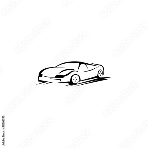 Desain logo mobil gaya otomatis dengan konsep olahraga ikon kendaraan siluet pada latar belakang abu-abu terang. Ilustrasi vektor. 