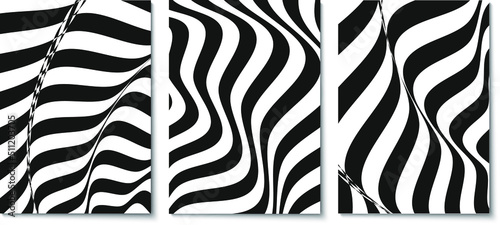 Set of layouts with wavy lines. Twisted duotone backgrounds. Abstract pattern from lines, halftone effect. Black and white texture. Minimalistic design template for poster, banner, cover, postcard