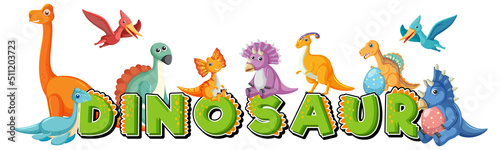Fototapeta Naklejka Na Ścianę i Meble -  Cute dinosaur group with dinosaur word logo