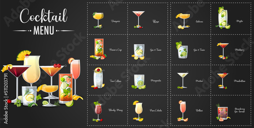 A printed menu of cocktails