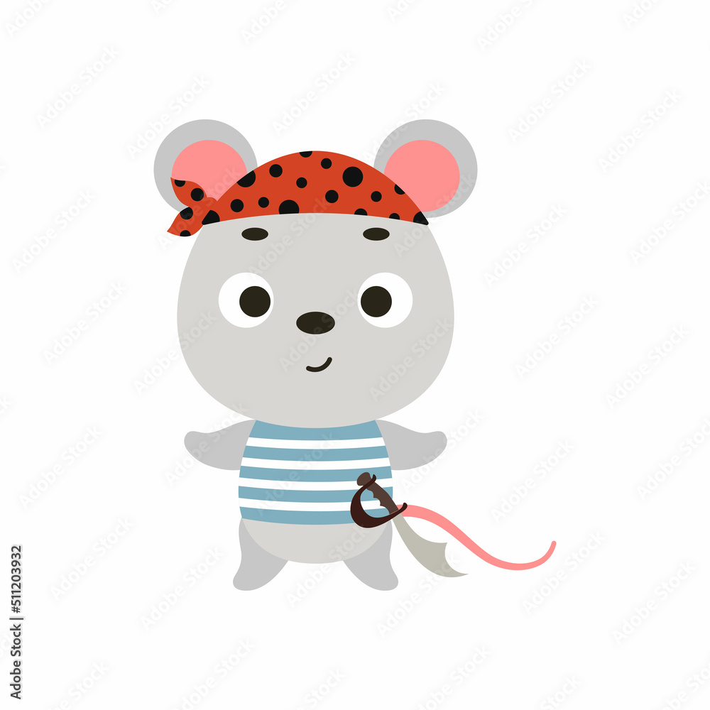Fototapeta premium Cute little pirate mouse. Cartoon animal character for kids t-shirts, nursery decoration, baby shower, greeting card, invitation, house interior. Vector stock illustration