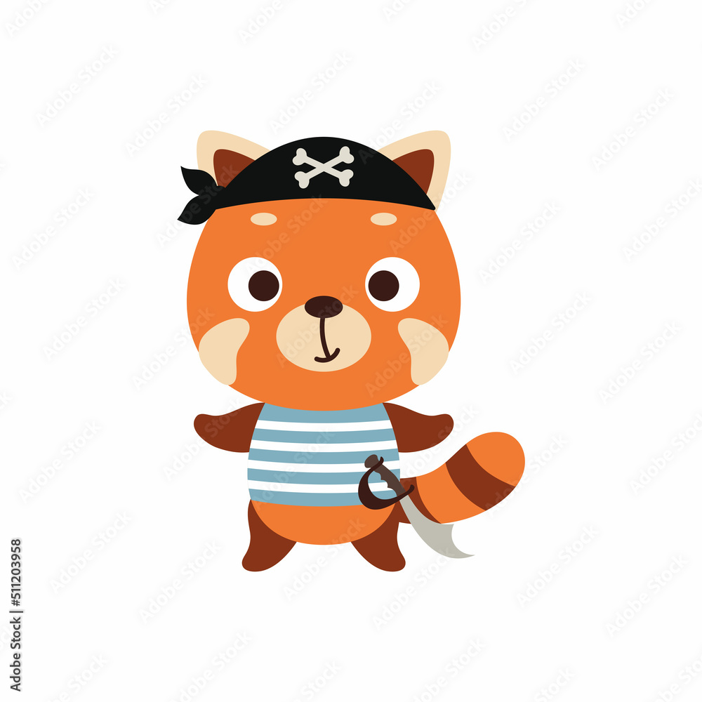 Cute little pirate red panda. Cartoon animal character for kids t-shirts, nursery decoration, baby shower, greeting card, invitation, house interior. Vector stock illustration Cute little pirate red panda. Cartoon animal character for kids t-shirts, nursery decoration, baby shower, greeting card, invitation, house interior. Vector stock illustration