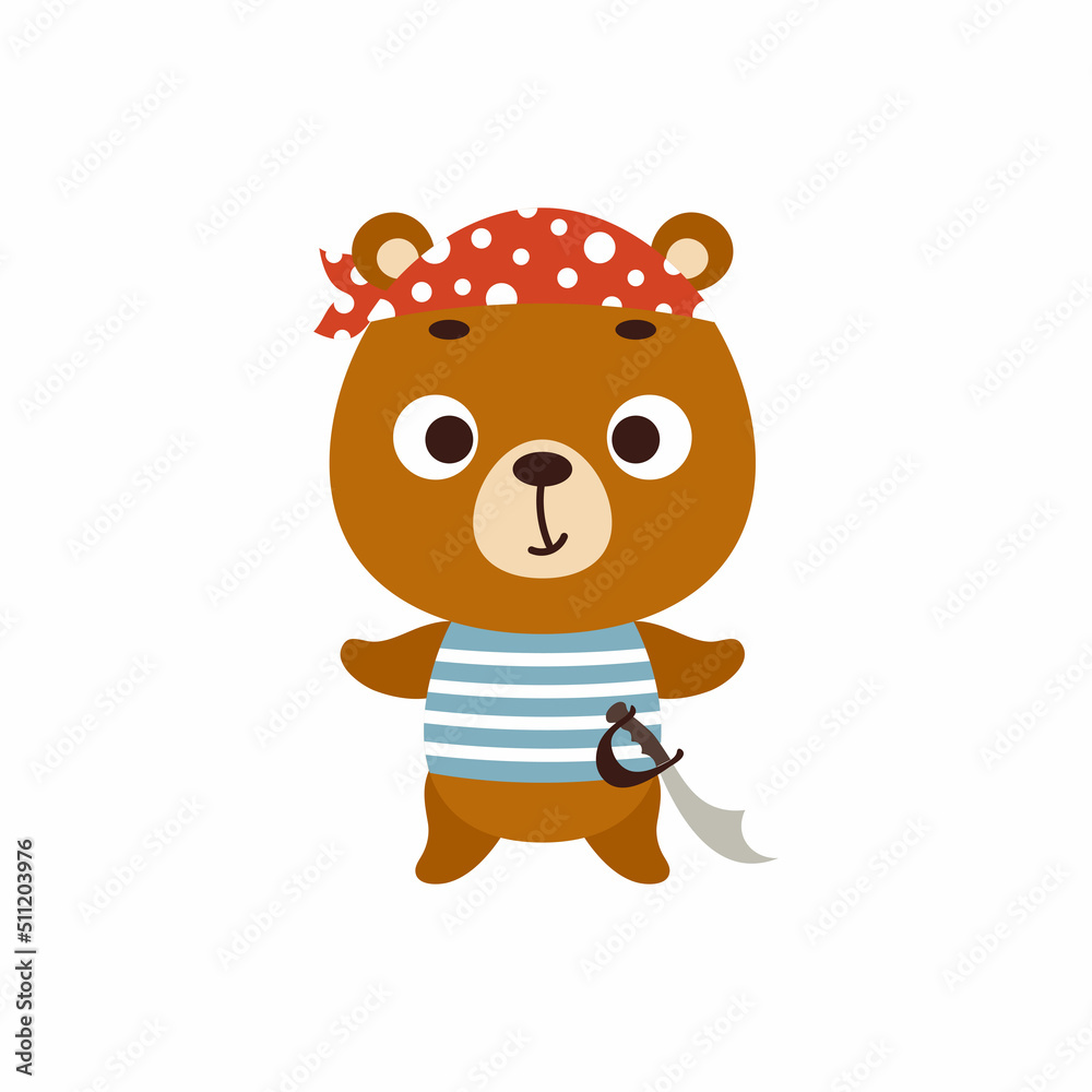 Cute little pirate bear. Cartoon animal character for kids t-shirts, nursery decoration, baby shower, greeting card, invitation, house interior. Vector stock illustration Cute little pirate bear. Cartoon animal character for kids t-shirts, nursery decoration, baby shower, greeting card, invitation, house interior. Vector stock illustration