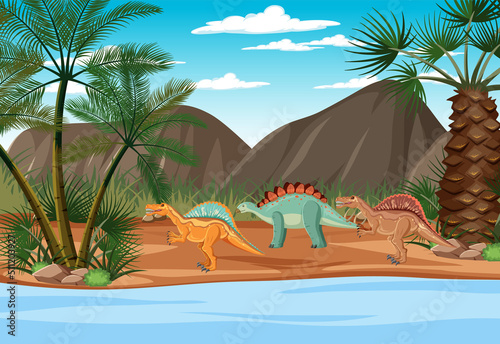 Dinosaur in prehistoric forest scene