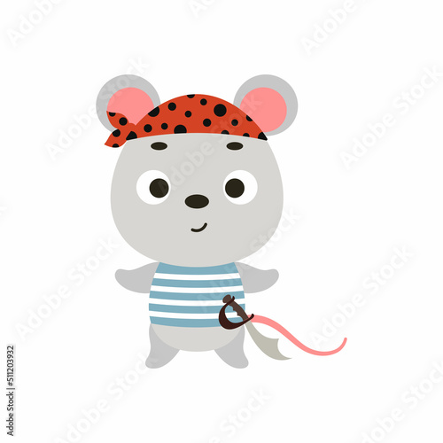 Cute little pirate mouse. Cartoon animal character for kids t-shirts, nursery decoration, baby shower, greeting card, invitation, house interior. Vector stock illustration