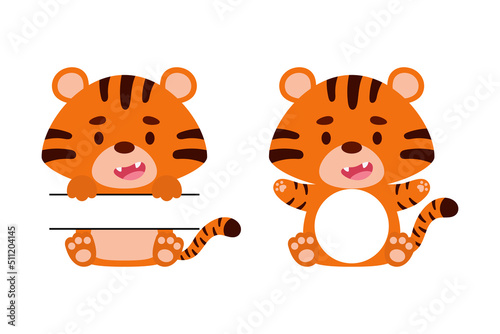 Cute little tiger split monogram. Funny cartoon character for kids t-shirts, nursery decoration, baby shower, greeting cards, invitations, scrapbooking, home decor. Vector stock illustration