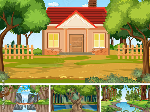 Nature scene with many trees and river