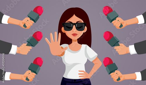 Woman Making No Comment Gesture to Reporters Vector illustration. Upset celebrity refusing to talk to the press not answering their questions 
