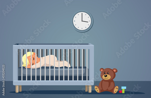 Baby Sleeping in his Bed in Nursery Room Vector Cartoon Illustration. Tired infant taking afternoon nap sleeping on his tummy 
