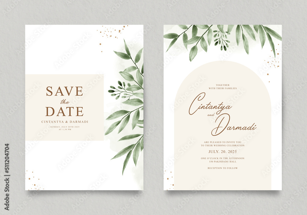 Double sided elegant wedding invitation template with green leaves