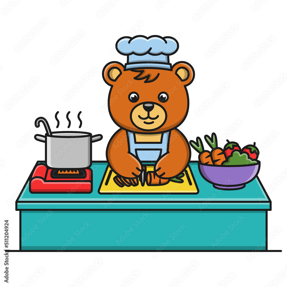 Cartoon bear is cooking vegetable soup Cartoon bear is cooking vegetable soup