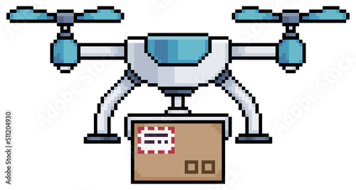 Pixel art drone with order in a cardboard box. drone with package vector icon for 8bit game on white background