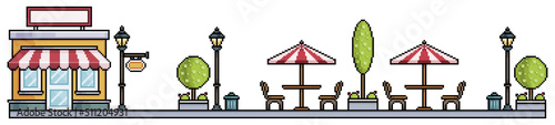 Pixel art urban square with shop park with tree, flowerbeds, benches, tables, pots and trash can Urban landscape. Cityscape background for 8bit game
