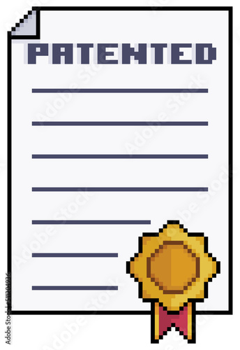 Pixel art patented document. Sheet of paper with stamp vector icon for 8bit game on white background
