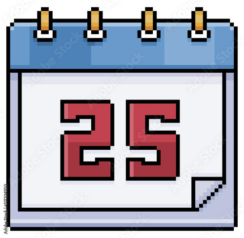 Pixel art calendar with date 25. Day 25. Holiday day 25 vector icon for 8bit game on white background
