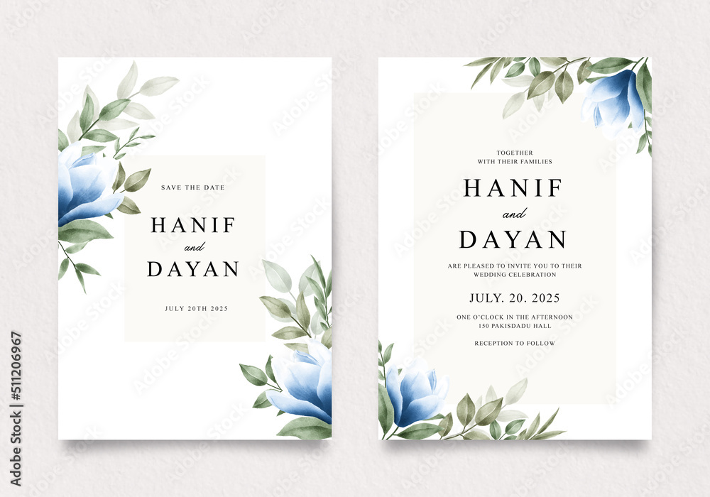 Double sided wedding invitation template with blue flowers and green leaves