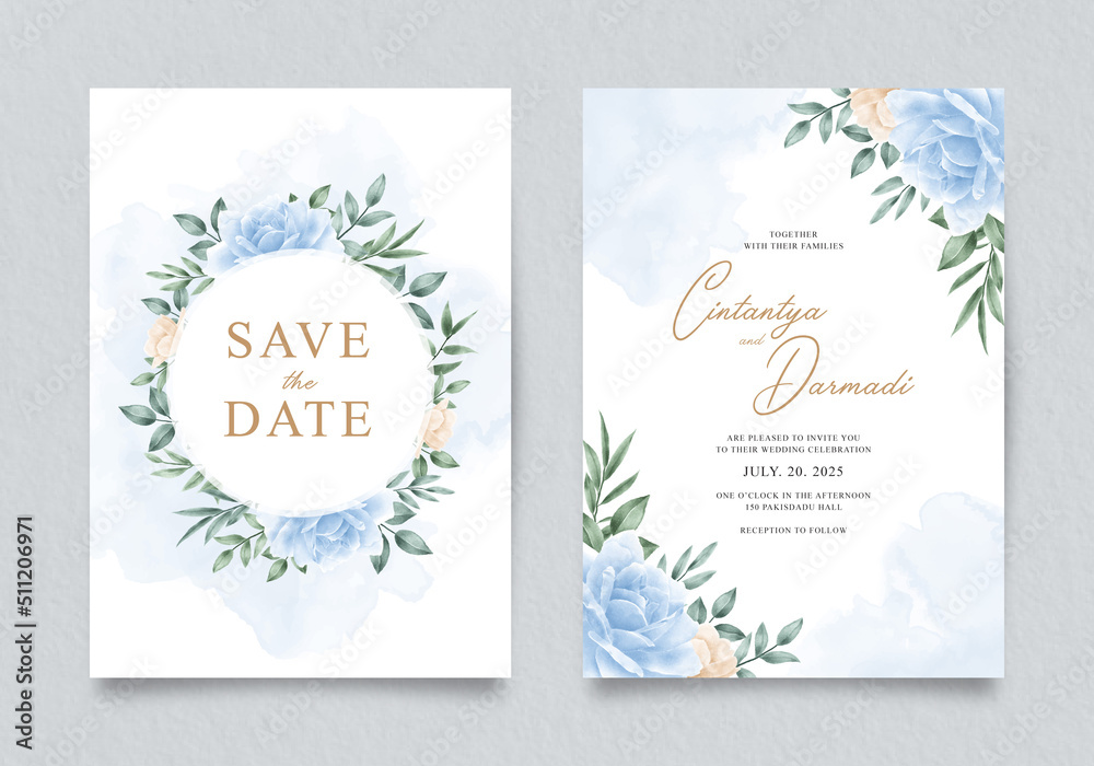 Beautiful wedding invitation template with roses blue