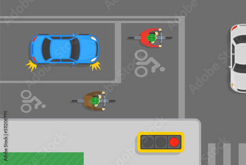 Traffic regulation rules. Safe bicycle riding tips. Blue sedan car stops before bike box and stop line to turn right on crossroad. Top view of cyclists on a bicycles. Flat vector illustration.