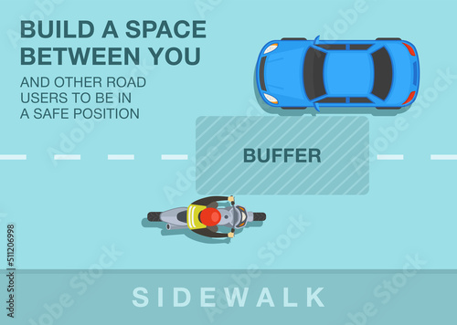 Safety motorcycle driving rules and tips. Build a space between you and other road users to be in a safe position. Top view of a biker on road. Flat vector illustration template.