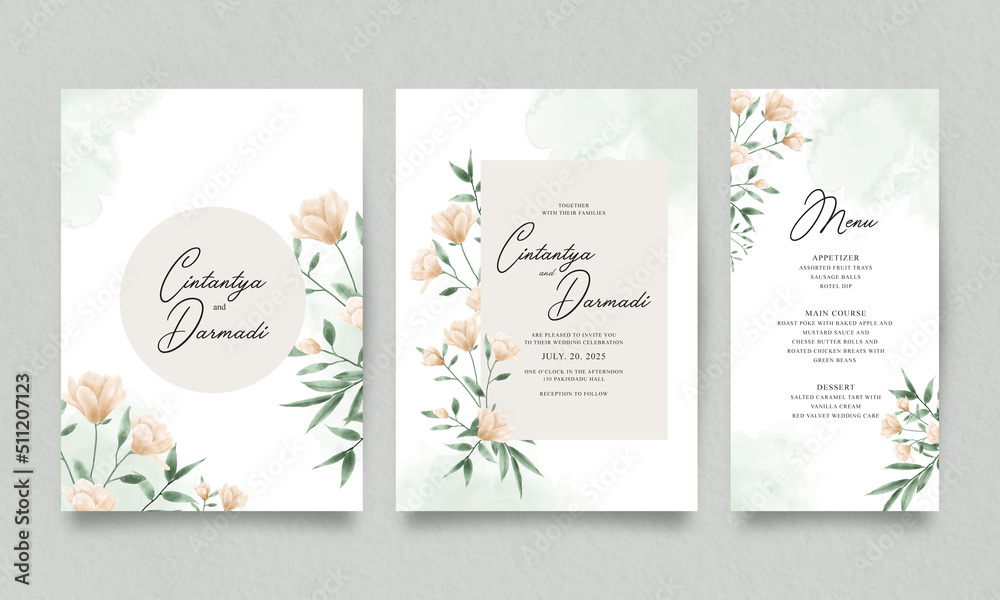 Elegant wedding invitations template set with floral watercolor
