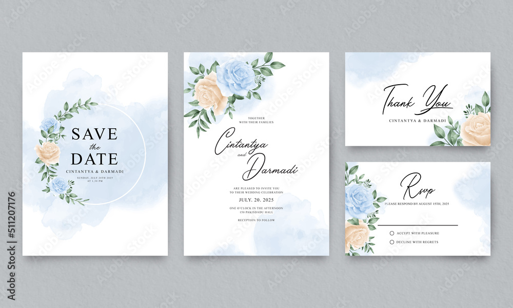 Set of wedding invitation templates with blue and yellow roses