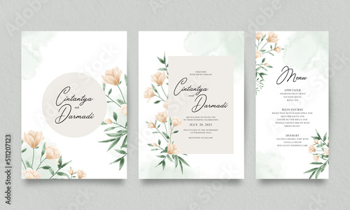 Elegant wedding invitations template set with floral watercolor