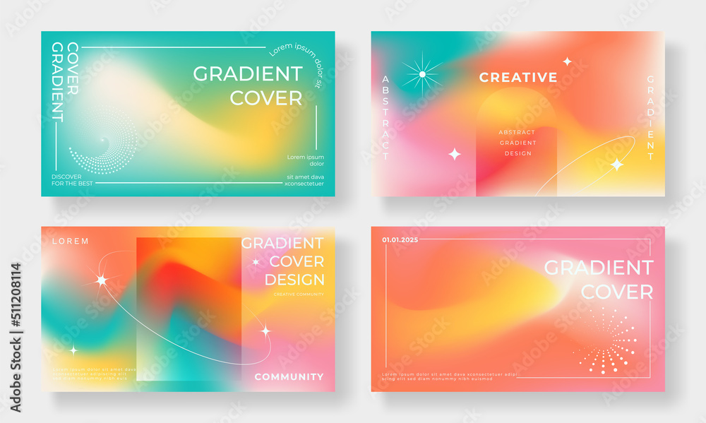 Abstract fluid gradient cover template. Set of modern poster with vibrant graphic color, star, planet, mesh blend color. Gradient background for brochure, flyer, wallpaper, banner, business card.