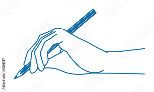 鉛筆を持つ手のイラスト 側面 左手 線画 ブルー