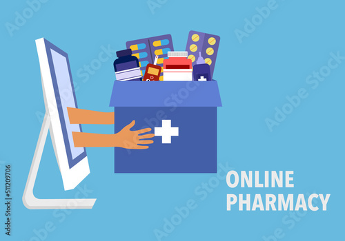 Online pharmacy concept vector illustration. Online drugstore in flat design.