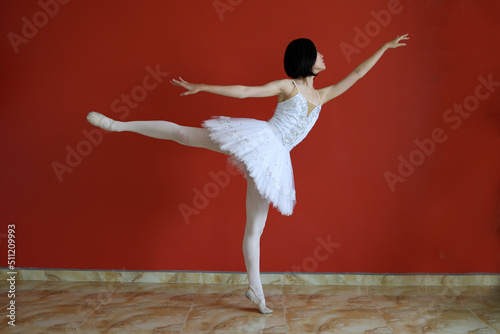 Beautiful Asian woman ballet dancer practice dance jump move wearing tutu at home red orange background wall