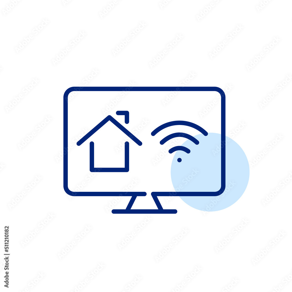 Smart home automated technology control app on monitor. Pixel perfect, editable stroke line art icon Smart home automated technology control app on monitor. Pixel perfect, editable stroke line art icon