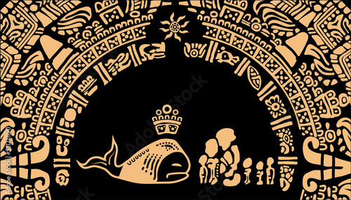 Ancient people worship fish. The deity in the form of a whale talks to the orcs.
The Aztecs, Mayans, Incas.
The Mayan alphabet.Ancient signs of America on a black background.