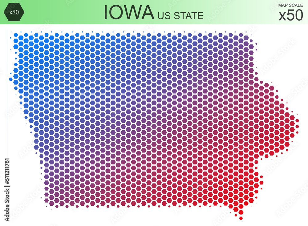 Dotted map of the state of Iowa in the USA, from hexagons, on a scale
