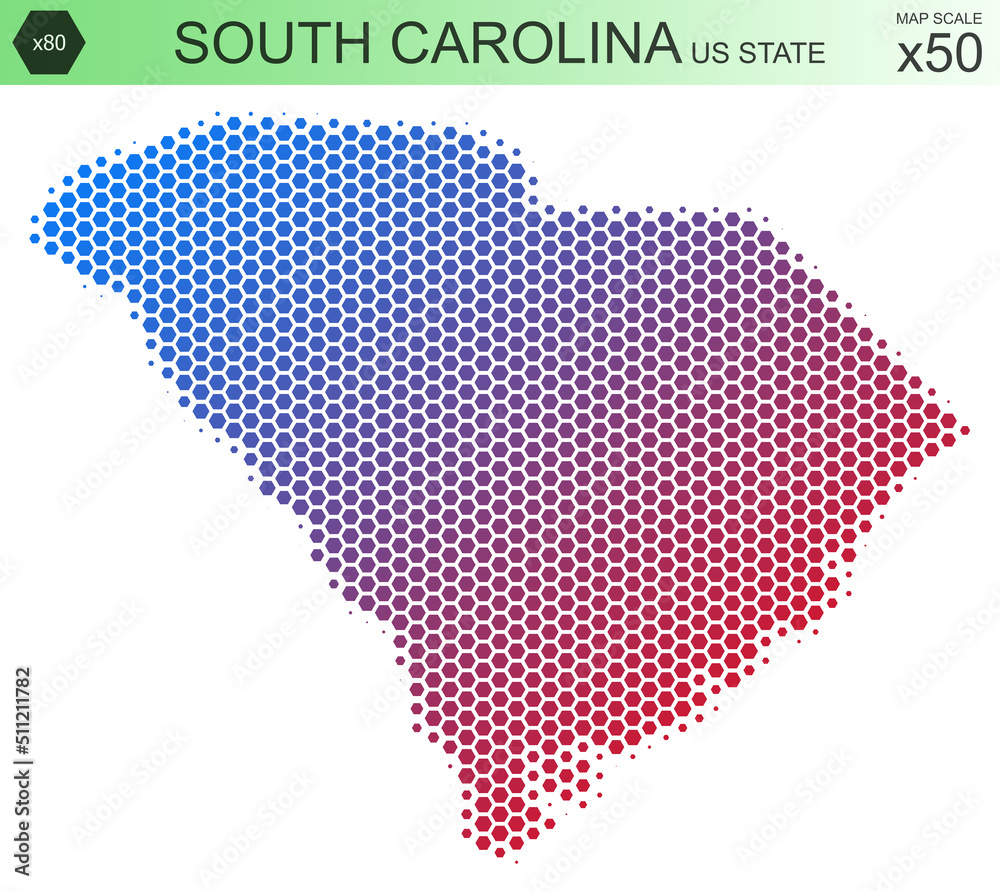 Dotted map of the state of South Carolina in the USA, from hexagons, on a scale of 50x50 elements. With smooth edges and a smooth gradient from one color to another on a white background.