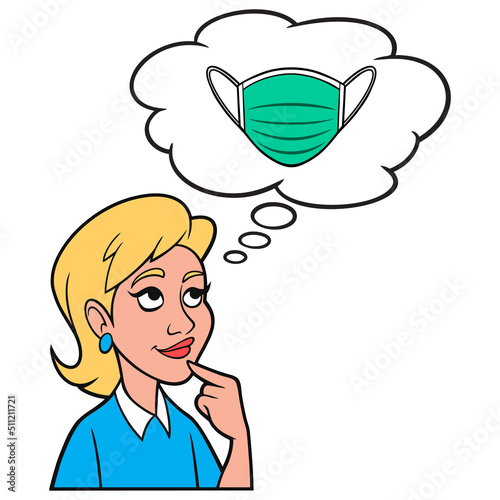 Girl thinking about a Medical Face Mask - A cartoon illustration of a Girl thinking about side effects of wearing a Medical Face Mask.