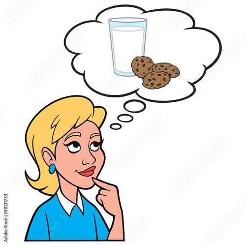 Girl thinking about Cookies and Milk - A cartoon illustration of a Girl thinking about having a glass of Milk and Cookies before bed.
