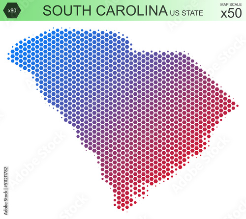 Dotted map of the state of South Carolina in the USA, from hexagons, on a scale of 50x50 elements. With smooth edges and a smooth gradient from one color to another on a white background. photo