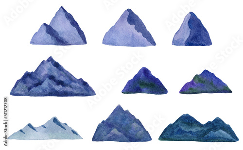 Beautiful Watercolor Mountains. Set of hand-drawn watercolor elements. Collection of diverse blue-green mountains or stones. Stylized minimalistic landscape clipart. Isolated on a white background. 