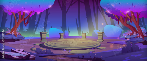 Magic forest with round stone altar at night. Vector cartoon illustration of fantasy woods landscape with trees, bushes, path and ancient ruins with circle platform and pillars
