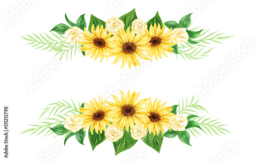 Fototapeta Naklejka Na Ścianę i Meble -  Top and bottom frames of sunflowers and white roses drawn in digital watercolor