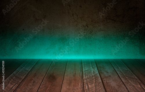 Old wood table with dark wall and Blue lighting Effect background.