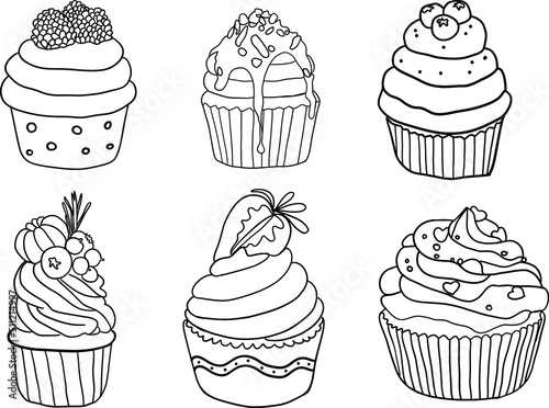 set of line art cupcakes