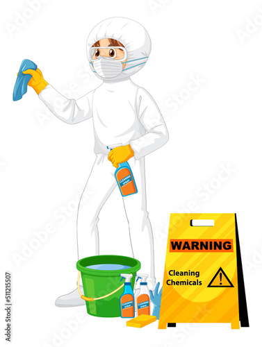 Man in protective hazmat suit with cleaning chemicals sign