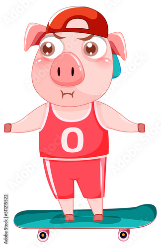 Cute pig cartoon character playing skateboard