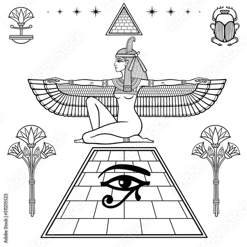 Mystical linear drawing: winged goddess Isis at top of the Egyptian pyramid. Papyrus flowers, hieroglyphs. Vector illustration isolated on a white background. 