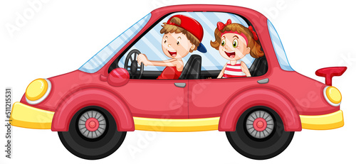 Kids in a red car in cartoon style