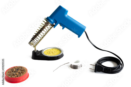 Soldering iron gun or electric solder with lead solder and Soldering liquid for soldering electronic work or repair electronic isolated on white background.