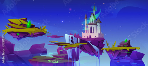 Fantasy summer landscape with magic castle and floating islands. Vector cartoon illustration with ground pieces with royal palace, green grass and waterfall flying in sky