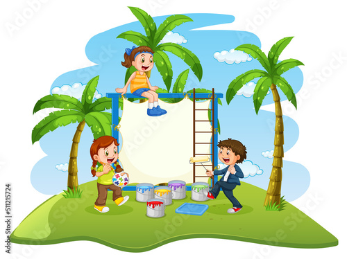 Empty board with happy children